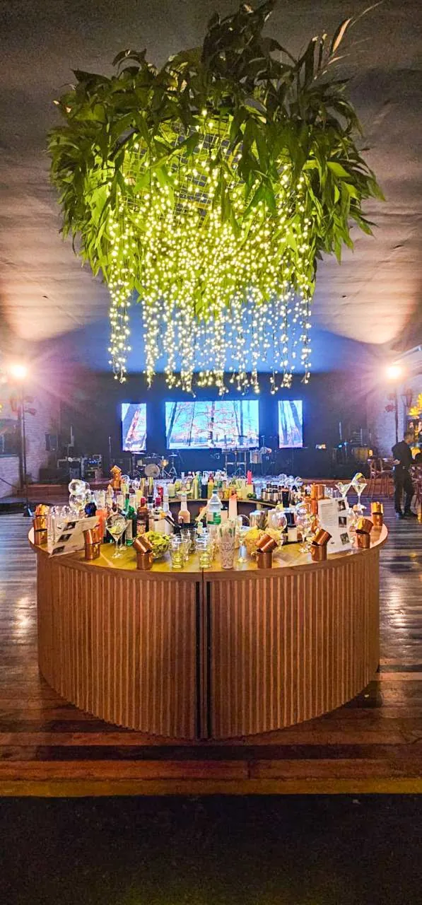 Bar redondo montado com folhagem suspensa e iluminação